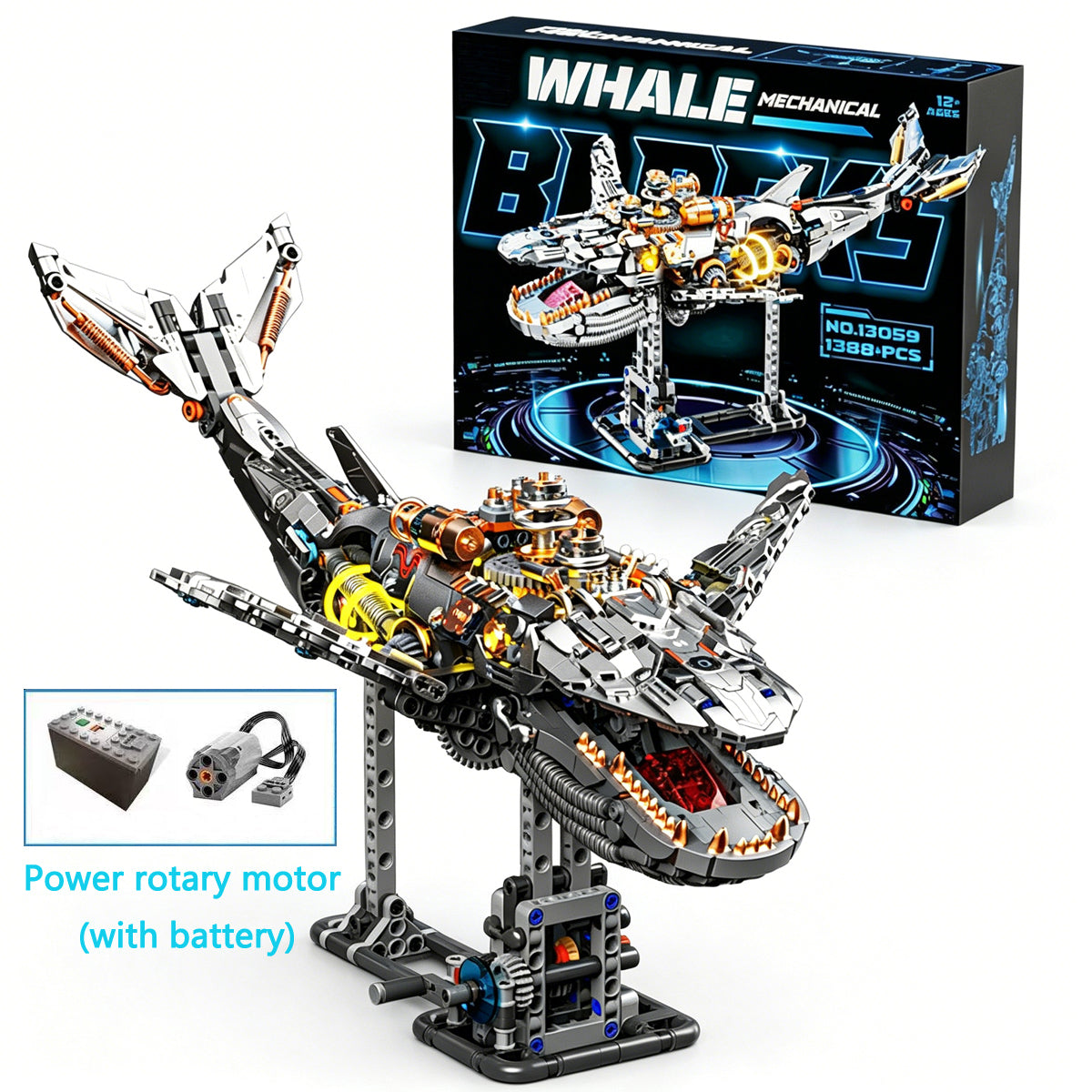 Whale Mechanical Blocks – 1388 PCS Steampunk Building Set with LED Lights & Motor