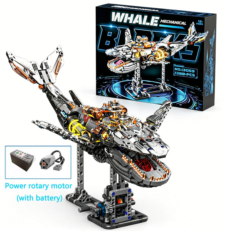 Whale Mechanical Blocks – 1388 PCS Steampunk Building Set with LED Lights & Motor