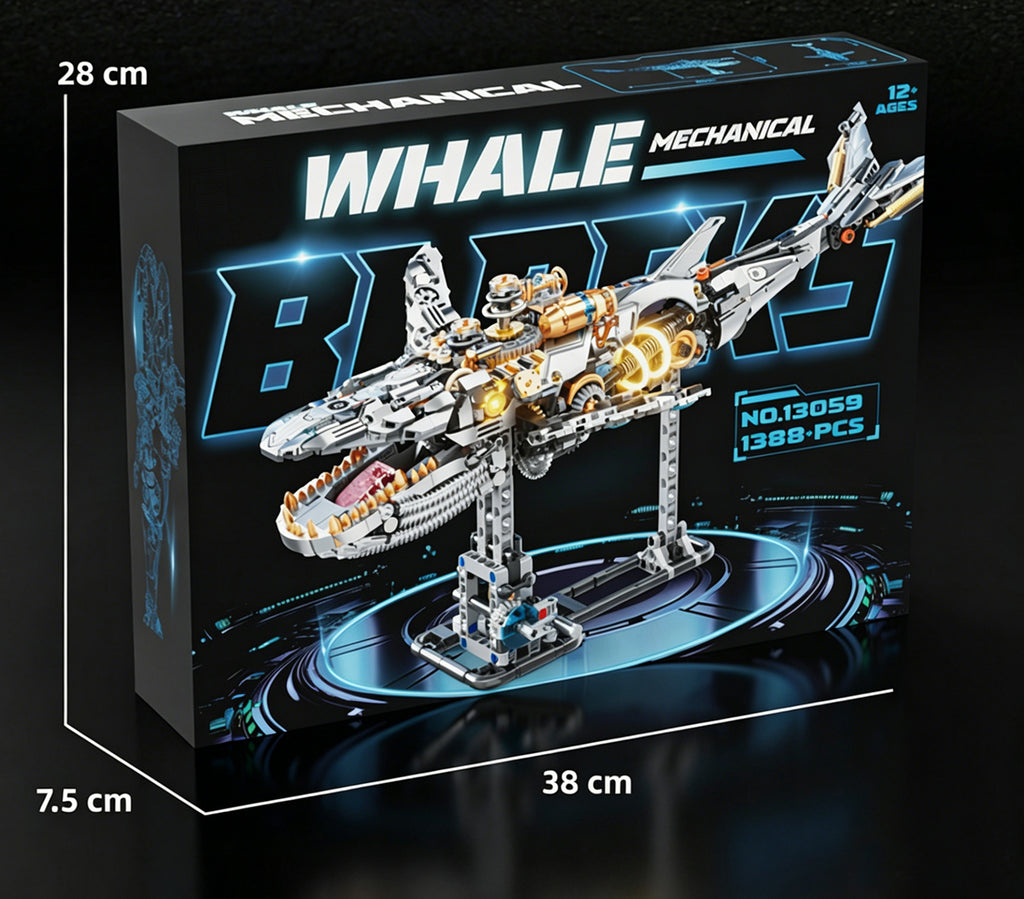 Whale Mechanical Blocks – 1388 PCS Steampunk Building Set with LED Lights & Motor